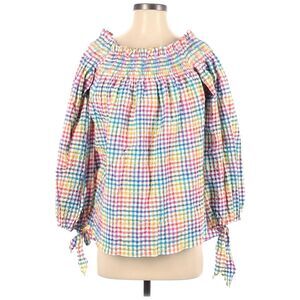 CAROLINE CONSTAS Lou off the shoulder gingham seersucker blouse top in rainbow S
